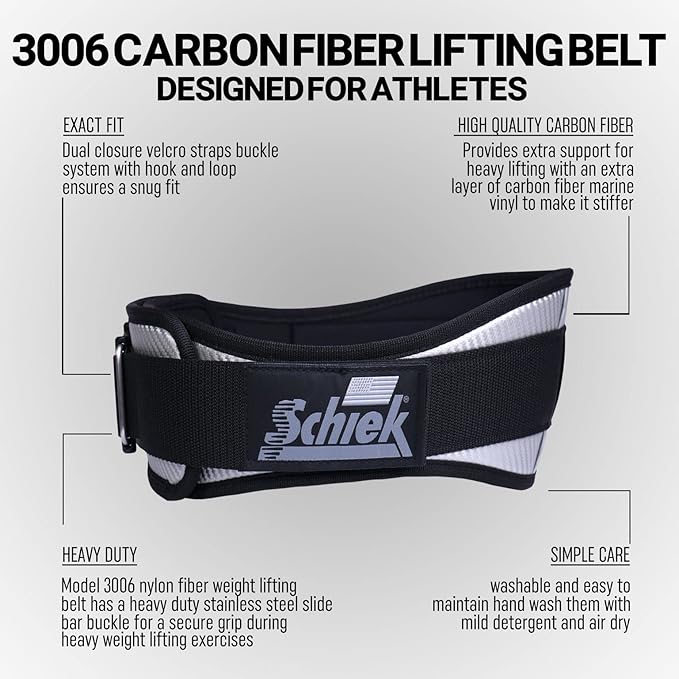 Schiek Sports Model 3006 Carbon Fiber Lifting Belt - Nylon Fiber Gym Belt with Marine Vinyl Back Support