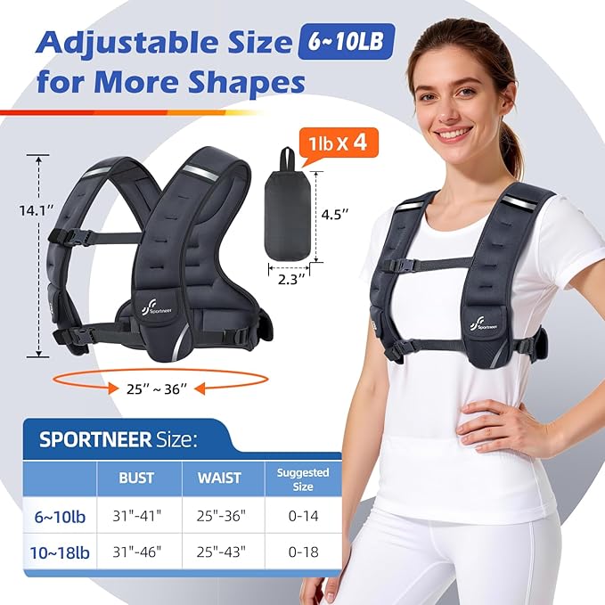 Sportneer Adjustable Weighted Vest Woman: 6-10lb/10-18lb Weighted Walking Vest for Women with 4/8 Weight Packs Fast Adjust Comfortable Weight Vest for Home Gym Burn Calories Strength Training Vests
