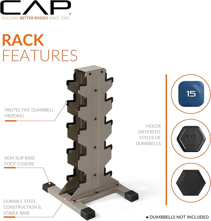 CAP Barbell Rubber Coated Hex Dumbbell Set with Vertical Rack | 100-300 lbs Free Weights Dumbbells Set for Home Gym | Multiple Options
