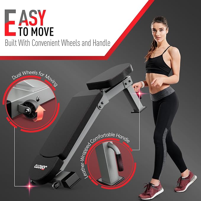 JOROTO Adjustable Weight Bench, 1300LBS Workout Bench for Home Gym Strength Training, Incline Decline Flat Bench Press with Wheels and Extended Backrest, Foldable Exercise Bench for Full Body Workout
