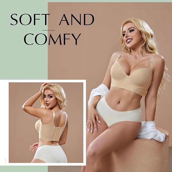 Super Push Up Bra Smoothing Back Fat Bra with Support Comfortable Seamless T Shirt Bra (34B-46DD)
