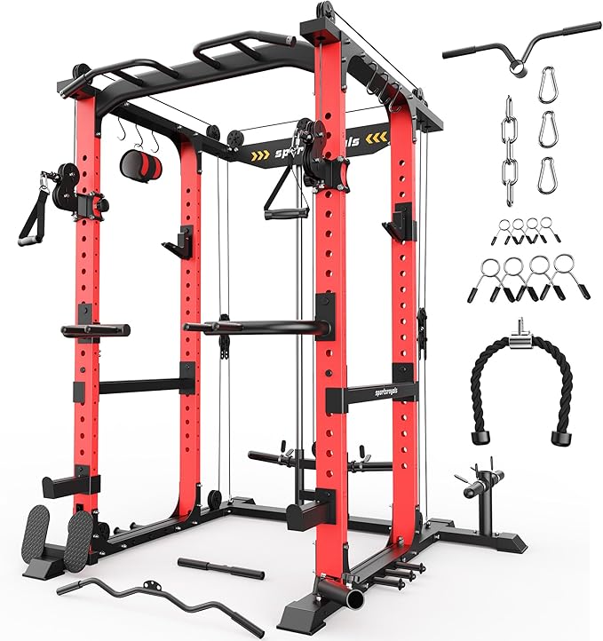 Sportsroyals Power Cage 1600lbs Power Rack with Adjustable Cable Crossover, Multi-Function Squat Rack with Pulley System and Training Attachments for Home Gym