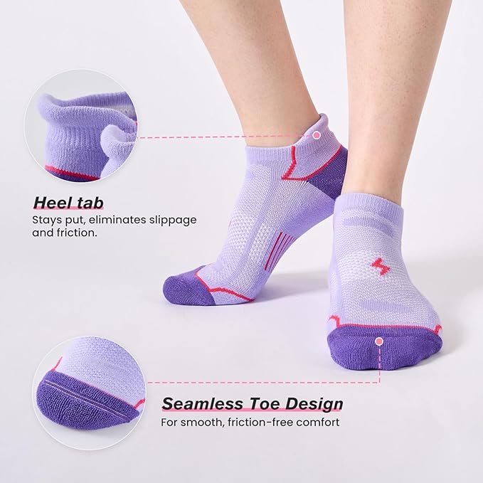 Niorasen Ankle Socks for Women 6 Pairs, Cotton Cushioned Athletic Running Socks, Breathable Low Cut Sports Socks