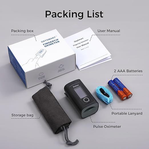 Wellue Fingertip Pulse Oximeter, Blood Oxygen Saturation Monitor with Batteries, Carry Bag & Lanyard for Wellness Use