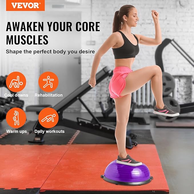 VEVOR Half Exercise Ball Trainer, 23/26 inch Balance Ball Trainer, 1500lbs Capacity Stability Ball, Yoga Ball with Resistance Bands & Foot Pump, Strength Fitness Ball for Home Gym Full Body Workout