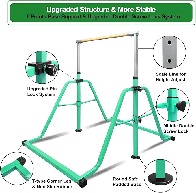 Foldable & Moveable Gymnastics Horizontal Bar with Rings,3’to 5’Adjustable Height Expandable Junior Kip Bar for Home,Indoor Gym Equipment for Kids