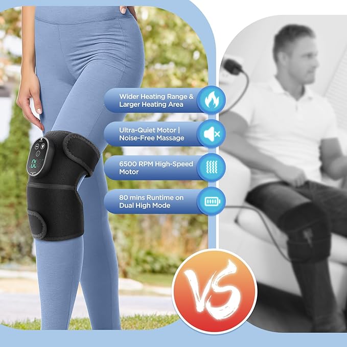 Cordless Knee Massager with Heat, Heating Pad for Knee Shoulder Elbow, Heated Knee Brace for Arthritis, Knee Heating Pad Wrap with 6 Heating Levels, 3 Massage Modes&Timer (Black)