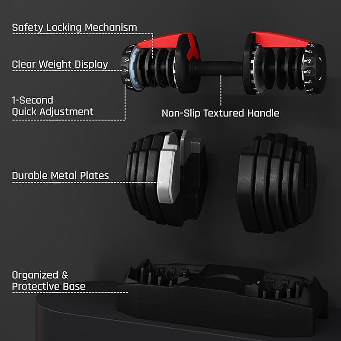 Yaheetech Adjustable Dumbbell Set 28/40/52.5/90LBS Adjustable Dumbbells Fast Adjust Dumbbell Weight Set with Anti-Slip Handle and Tray for Men/Women Home Gym Strength Training Equipment Single/Pair
