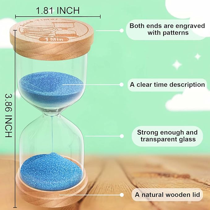 5 Minute Sand Timer, Wooden Hourglass Sand Clock, Small Wood Blue 5 Min Hour Glass, Five Minutes Sandglass for Brushing Teeth, Reloj De Arena, Classroom, Game, Kitchen, Home, Office