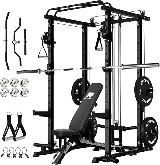 RitFit Multi-Function Garage & Home Gym Package Includes 1200LBS Power Cage PPC03/P3 with Cable Crossover System, Weight Bench, Olympic Barbell Weight Set, Full Body Workout