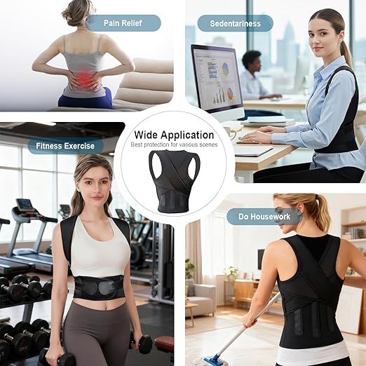 Posture Corrector for Women,Back Brace Adjustable Upper Posture Support, with 3 Thicker Support Ribs, One-Piece Back Design, Spine Alignment & Lower Back Pain Relief (Black, Large)
