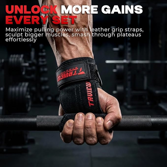 Wrist Straps for Weightlifting With D Ring,Double Layer Leather Wrist Strap For Deadlift And Powerlifting, Adjustable Neoprene Padded Gym Workout Lifting Hooks