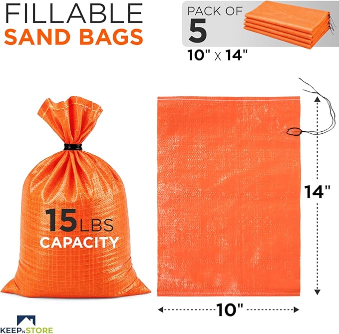 Heavy Duty Sand Bags Pack of 5, Bright Orange Empty Sandbags with Built-In Ties, Woven Polypropylene UV Protection 1600 Hours, Fillable Bags for Flood Control, Weight, 10x14 inches, 15 Pounds Volume