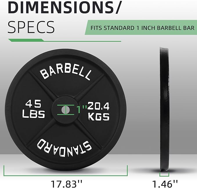 Fitvids 1 Inch Standard Barbell Weight Plates, 2.5 LB to 45 LB Plates for Home Gym Strength Training, Deep Grip Edge