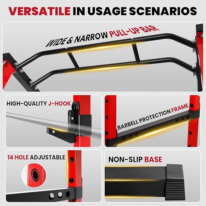 Power Cage 1800 LBS, Multi-Functional Squat Rack and Bench Rack Combos with Adjustable Cable Pulley System for Home Gym, Pull-up Bar, J-Hooks, Landmine Attachments (Power Rack Only)