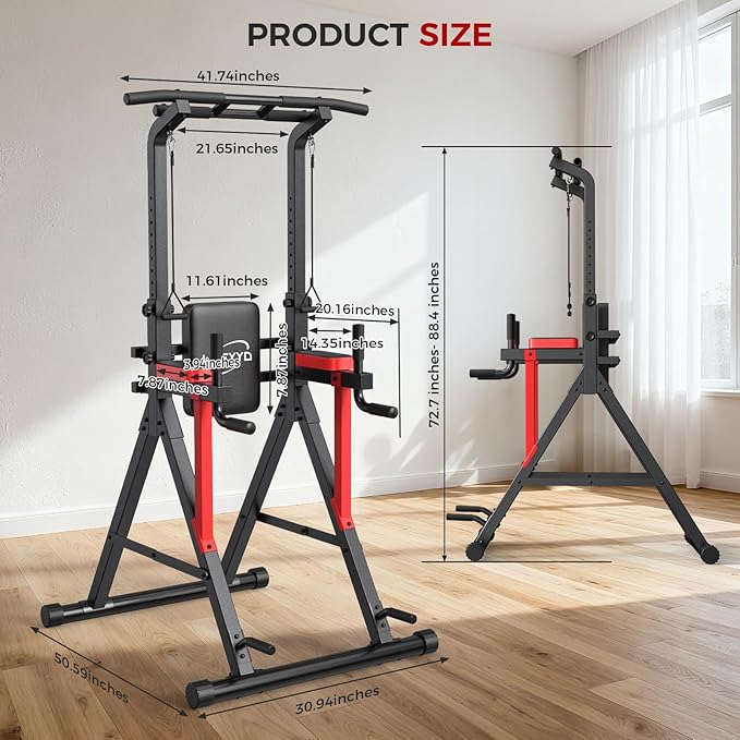 Power Tower Pull Up Bar Free Standing - 13-Level Adjustable Height Dip Station with X-Frame Stability, Multi-Grip Handles, Backrest, Anti-Slip Foot Pads - Home Gym Strength Training Equipment