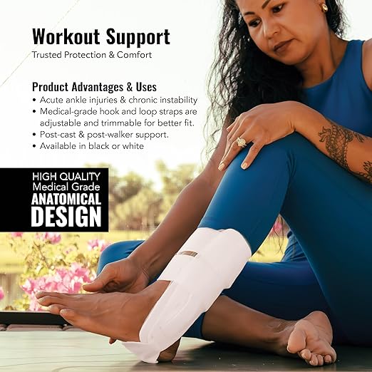 AnklePro Air Cushion Stirrup Ankle Stabilizer Brace - Removable Cold Therapy 3-Strap Rigid Stirrup Ankle Splint w/Gel Pad for Women & Men - Lateral Support for Stability, White, Small