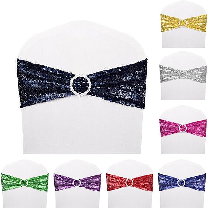 Dimatic 25 PCS Stretch Sequin Chair Sashes Chair Stretchy Spandex Bands for Wedding Reception Events Banquets Chairs Decoration (Navy)