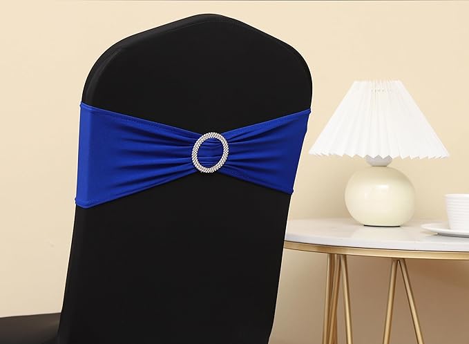 Spandex Royal Blue Chair Sashes 100 Pack Wedding Chair Bands with Buckles Dark Blue Chairs Bows for Party Birthday Bridal Baby Shower Engagement Anniversary Banquet Events Decorations