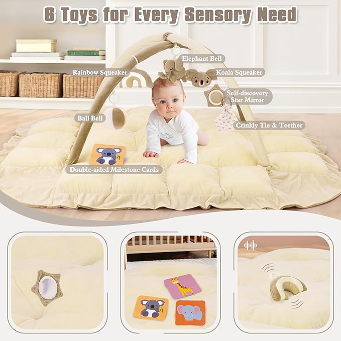 5-in-1 Plush Baby Play Gym, Baby Play Mats, Convertible Baby Gym, Tummy time mat, 6 Sensory Toys, Activity Center, Ball Pit, Cream