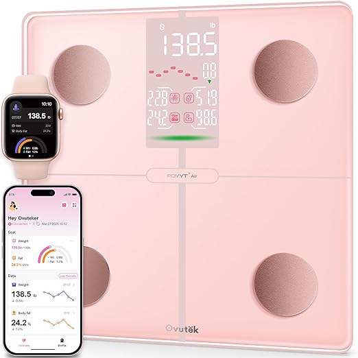 Ovutek Smart Scale for Body Weight, Professional Bathroom Digital Weighing Scale with BMI, Body Fat, Muscle Mass, Accurate Bluetooth Home User Health Equipment Sync Apps - Pink