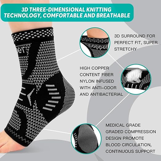 INDEEMAX Ankle Brace for Sprained Ankle Compression Sleeve, Copper Infused Ankle Support Brace for Women & Men, Plantar Fasciitis Relief Achilles Tendonitis, Sports Running, Silver Black, XL