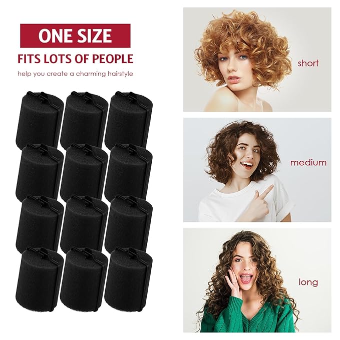 Syhood 12 Pcs Jumbo Foam Sponge Hair Rollers 1.89 Inch Soft Sleeping Curlers Flexible Large Foam Rollers and Rat Tail Comb for Hair Styling (Black)