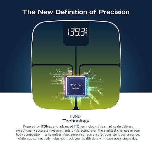 Nautica Body Tracker Digital Bathroom Scale, Bluetooth-Enabled Smart Scale with BMI, Body Fat, Muscle Mass Tracking & More, Syncs with Smartphone App for Body Composition Tracking, 440 Lbs.