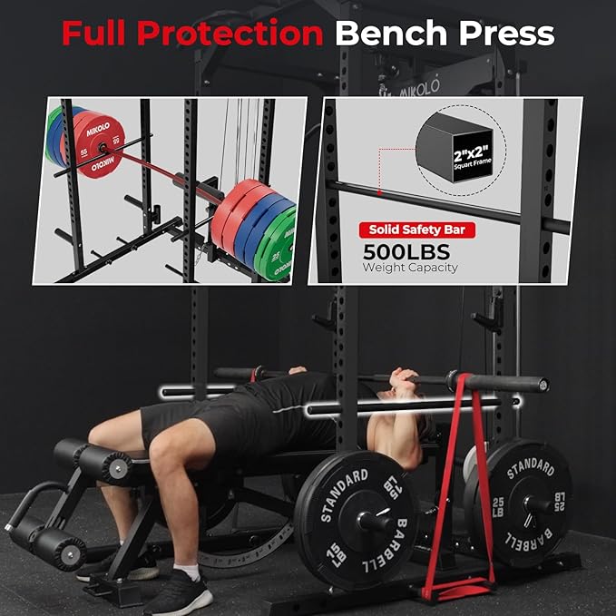 Mikolo F4 2.0 Power Cage with Dual-Track Smooth Pulley System, 1200LBS Power Rack with Leg Hold-Down for Heavy LAT Pulldowns, All-in-One Squat Rack with More Training Attachments for Home Gym