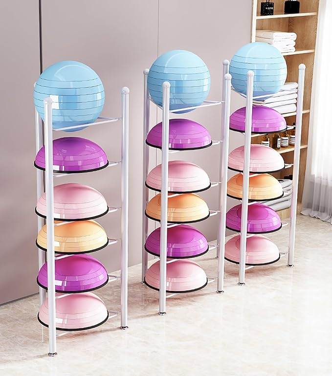 Exercise Half Balance Ball Trainer Holder Storage Rack - Home Fitness Gym Workout Equipment 3/5/6/7 Tier Floor Stand Corner Storage Organizer for Basketball Bowling Medicine Yoga Bosu Balls(White,5 la