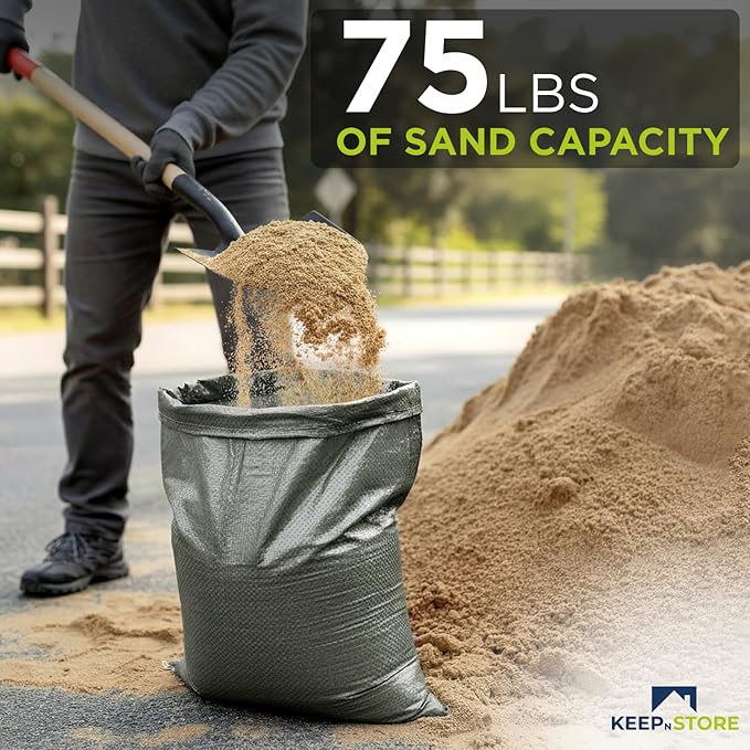 Heavy Duty Sand Bags Pack of 6, Army Green Empty Sandbags with Built-In Ties, Woven Polypropylene UV Protection 1600 Hours, Fillable Bags for Flood Control, Weight, 18x30 inches, 75 Pounds Volume