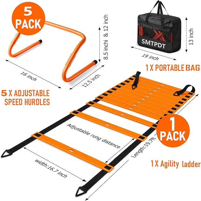 Speed and Agility Training Equipment: 5 Adjustable Agility Hurdles. 20ft Agility Ladder, Soccer Training Equipment Set for Kids Youth Adults