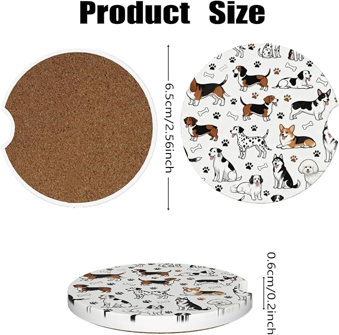 Car Cup Holder Coasters, 2 Pcs Ceramic Coasters with Finger Slot and Cork Back, Anti-Slip Shock Absorbing Women and Men Universal Car Accessories - Lovable Dog