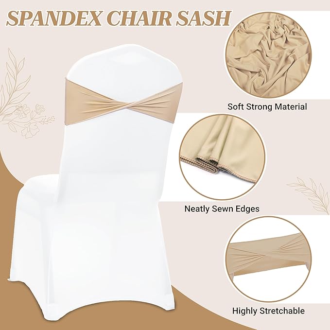 MDS Pack of 25 Spandex Chair Sashes Bows Elastic Stretch Dining Chair Bands Ties Without Slider Buckle Universal fits for Wedding Baby Shower Birthday Party Banquet Event Decoration - Champagne Gold