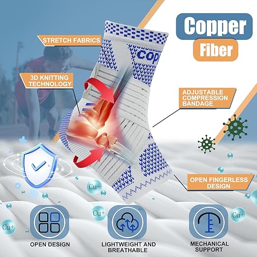 LISEPWU Copper Ankle Brace with Adjustable Compression Bandage, Ankle Support Compression Sleeve for Men & Women, for Foot Pain, Sprained Recovery, Achilles Tendonitis, Sports Protection(Blue S)