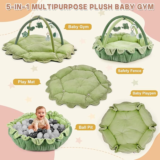 5-in-1 Baby Activity Gym & Play Mat with 6 Hanging Toys, Tummy Time Mat & Cards - Extra Large, Reversible Machine Washable Pad - Gift for Newborns, Infants 0-12 Months, Green