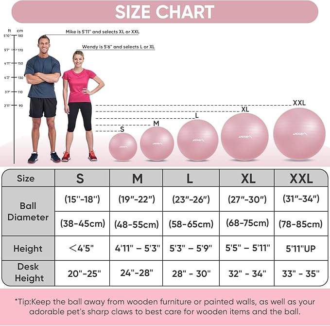APEXUP Yoga Ball Exercise Ball Anti Slip Heavy Duty for Fitness, Balance & Core Workout, Balance Training, Pregnancy & Physical Therapy, 5 Sizes