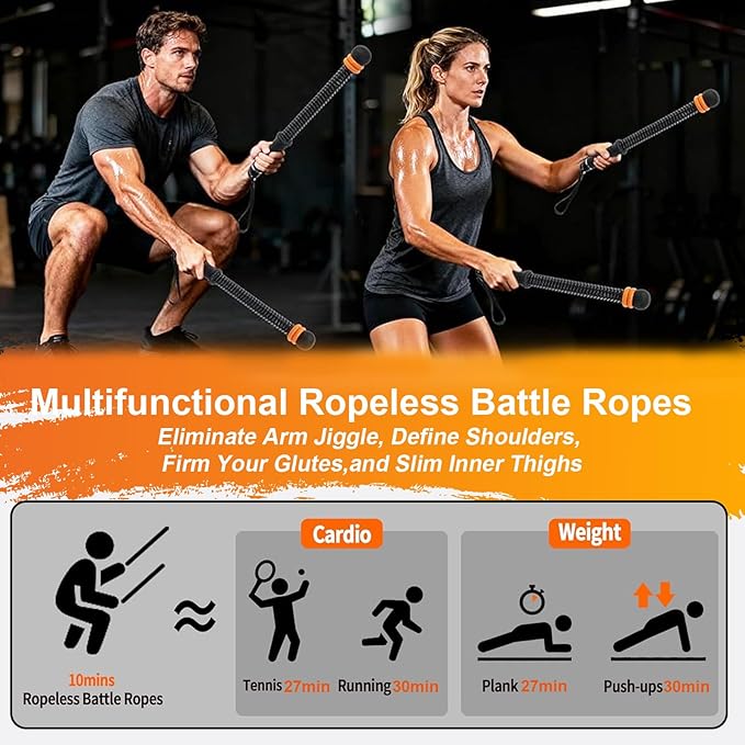 Weighted Cordless Battle Ropes - Adjustable Resistance and Portable Ropeless Battle Ropes with Non Slip Handle - Low-Noise Exercise Rope for Instant Effective Workouts Anytime (Black)