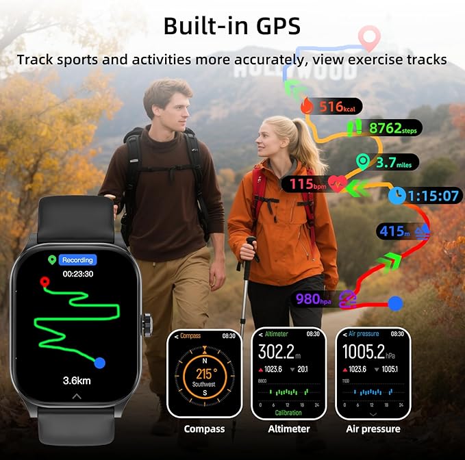 Smart Watch with Built-in GPS, 1.96" HD Display, Answer/Make Calls, 100+ Sport Modes, Heart Rate/Sleep/SpO2 Monitor, Fitness Activity Tracker for Android and iPhone, for women men (Black, 1.96")