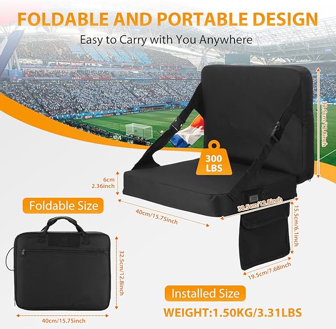 Nice C Heated Stadium Seat with Battery, Heated Seat Cushion, Heated Bleacher Seat, Stadium Seat with Back, Foldable and Lightweight, Thick Padded with Carry Handle, Power Bank Included (1 Pack)