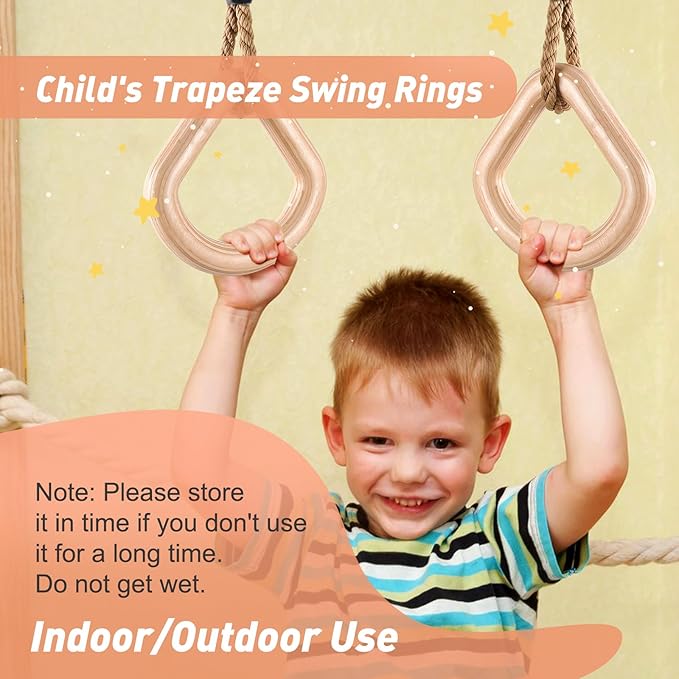 YAERSI Wooden Gymnastics Rings,Pull up Rings with Adjustable Buckle, Wooden Swing Rings for Kid's Home Exercise