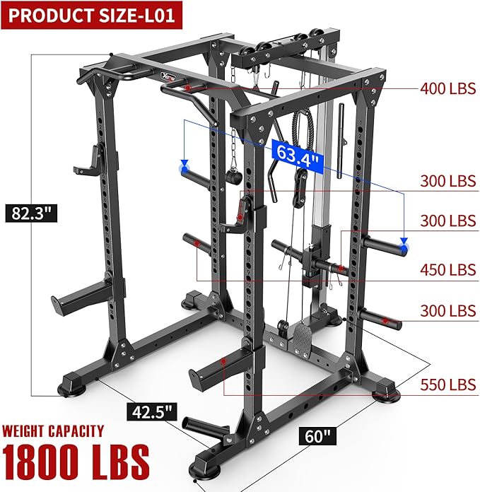 Multi-Purpose Squat Rack,Smith Machine Weight Rack Set with Cable Crossover System, Home Gym Power Racks, Power Racks and Packages