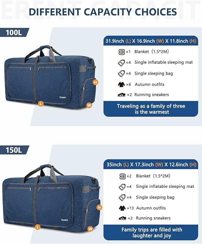 Gonex Large Foldable Travel Duffle Bag with Shoes Compartment, Packable Lightweight Water Repellent Duffel Bag for Camping Gym Weekender Bag