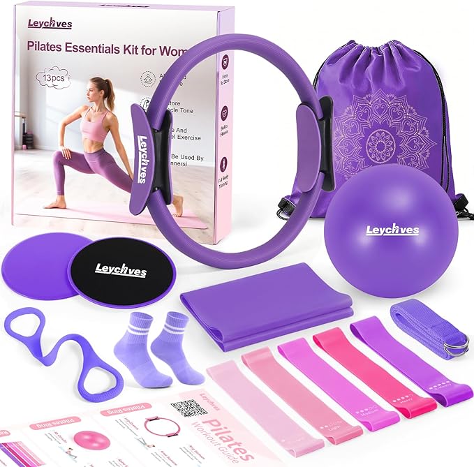 Home Pilates Essentials Kit for Women, Magic Circle Pilates Equipment Ring and Ball Set, Resistance Bands Workout Guide Video for 28 Day Pilates Challenge Starter Kit for Beginners