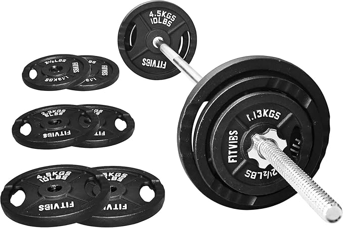 Fitvids Cast Iron Standard Weight Plates Including 5FT Standard Barbell with Star Locks, 45-Pound Set (35 Pounds Plates + 10 Pounds Barbell), Multiple Styles