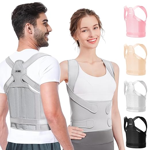Fit Geno Back Brace Posture Corrector for Men & Women: Shoulder Straightener Adjustable Full Back Support Pain Relief - Scoliosis Hunchback Spine Corrector (Small), Gray