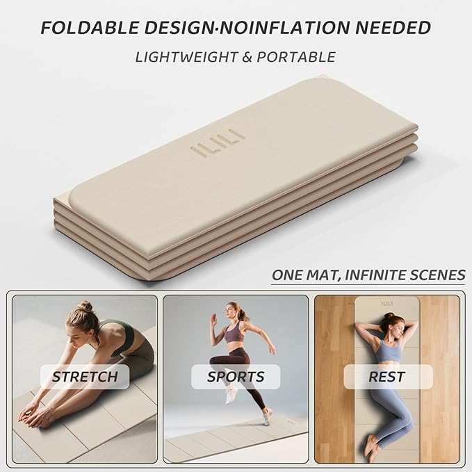ILILI Foldable Yoga Mat 71 * 24 * 0.3'' - TPE Non-Slip Fitness Mat for Home，Waterproof & Lightweight (2lb) for Home Gym, Pilates & Stretching,Fitness Workouts
