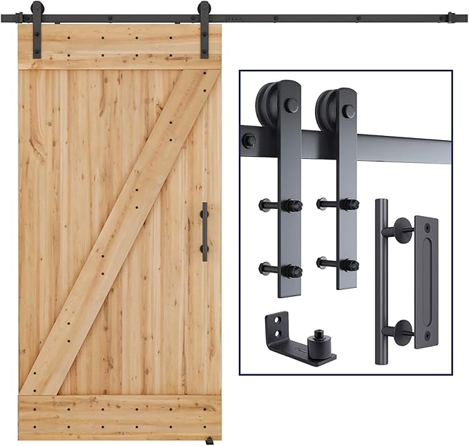 SMARTSTANDARD 8 FT Heavy Duty Sturdy Sliding Barn Door Hardware Kit, Black, (Whole Set Includes 1x Pull Handle Set & 1x Floor Guide) Fit 42"-48" Wide Door Panel (I Shape Hanger)