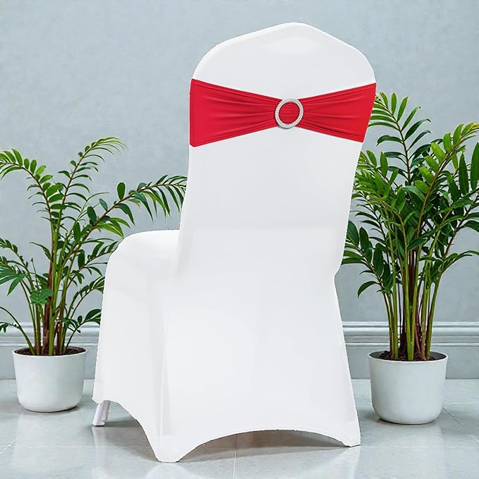 MDS Pack of 75 Spandex Chair Sashes Bow Premium Stretch Chair Cover Band with Buckle Slider Universal fits Elastic Dining Chair Ties for Wedding Party Banquet Events Decoration - Red