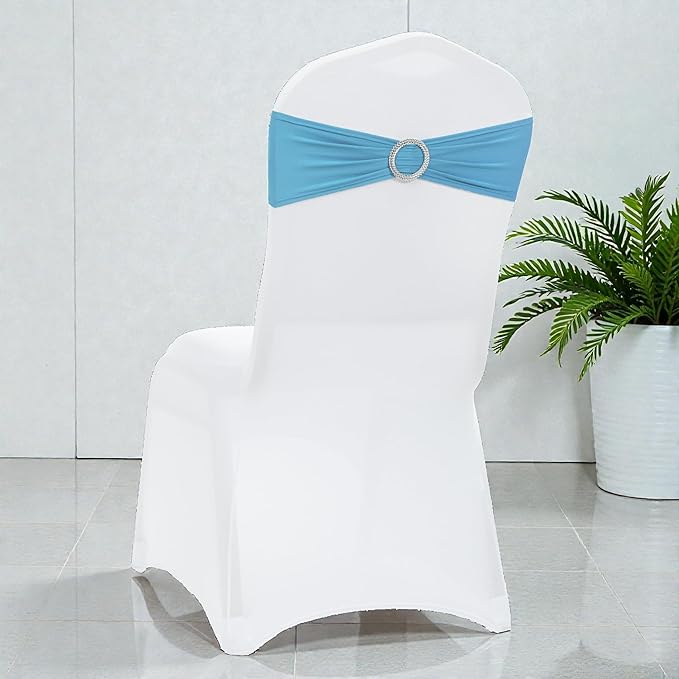 VDS - Blue | Spandex Chair Sashes Bows | 150 PCS | Stretch Elastic Banquet Universal Folding Chair Band Tie with Silver Buckle Slider for Wedding Party Conference Celebration Event Decoration